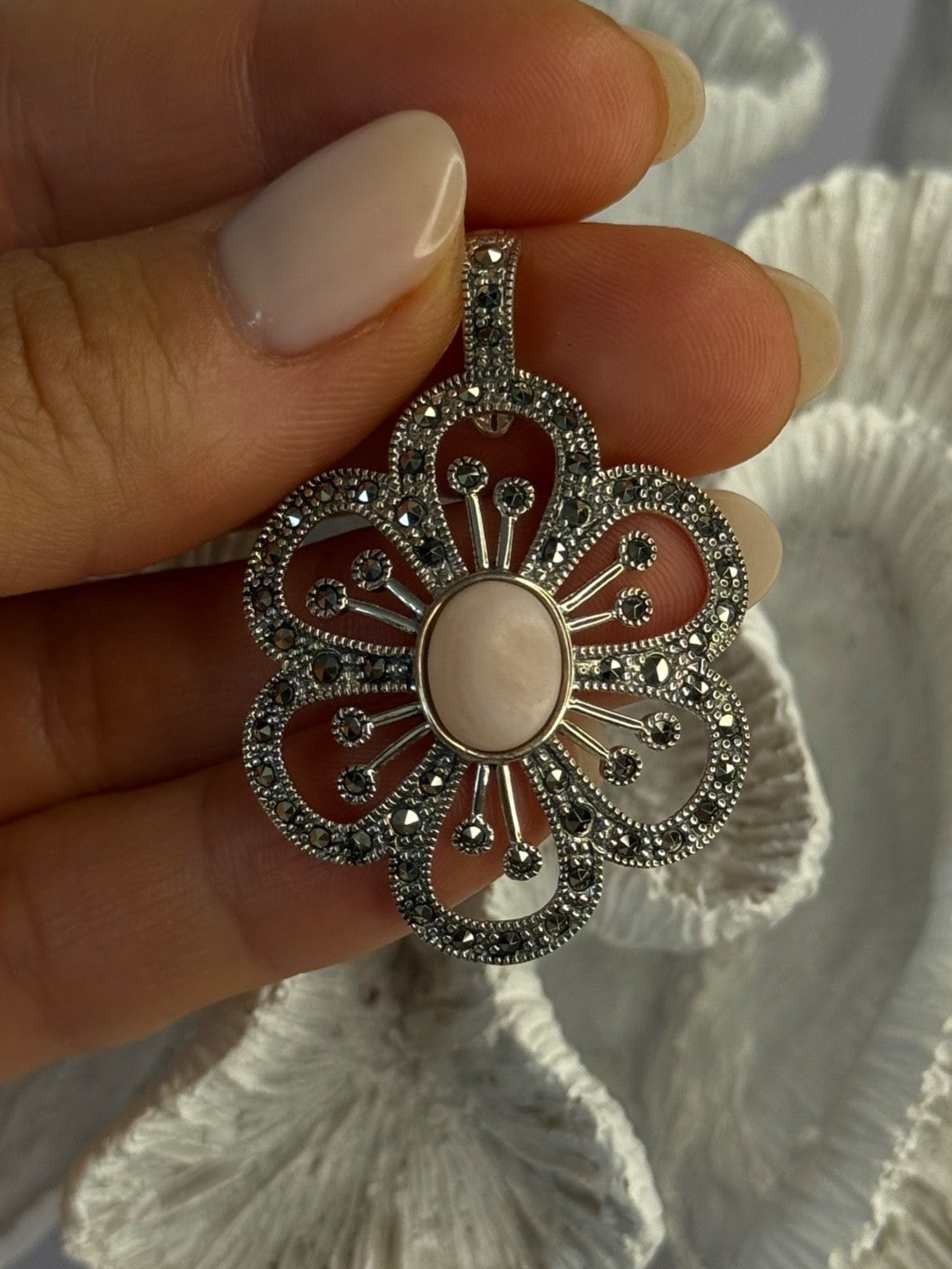 925 Sterling Silver Pink Agate & Marcasite Flower Pendant Length 1.75 Inch