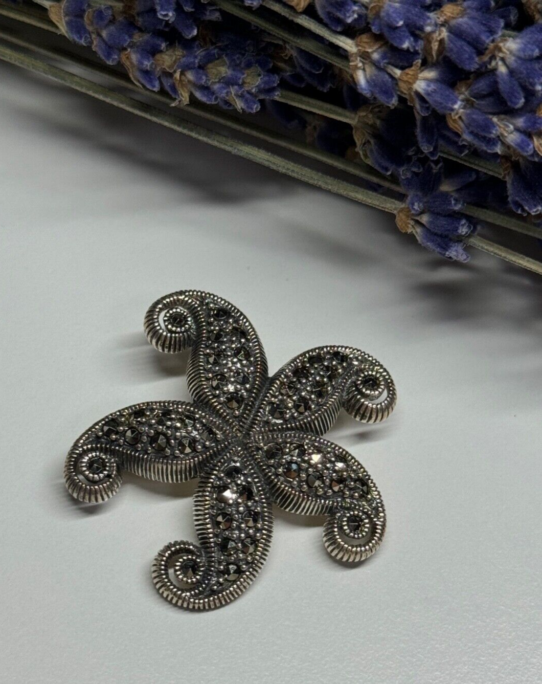 925 Sterling Silver Marcasite Starfish Brooch