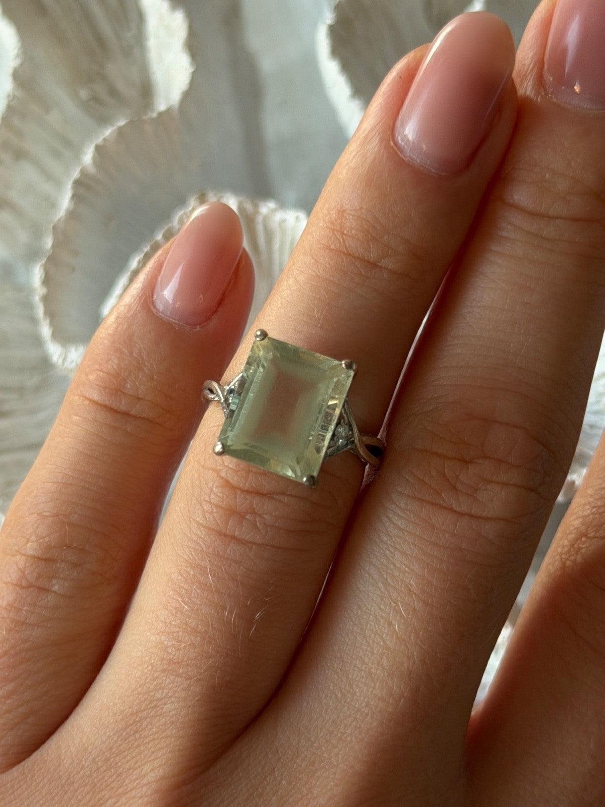 925 Sterling Silver Green Quartz & White Topaz Ring Size 6