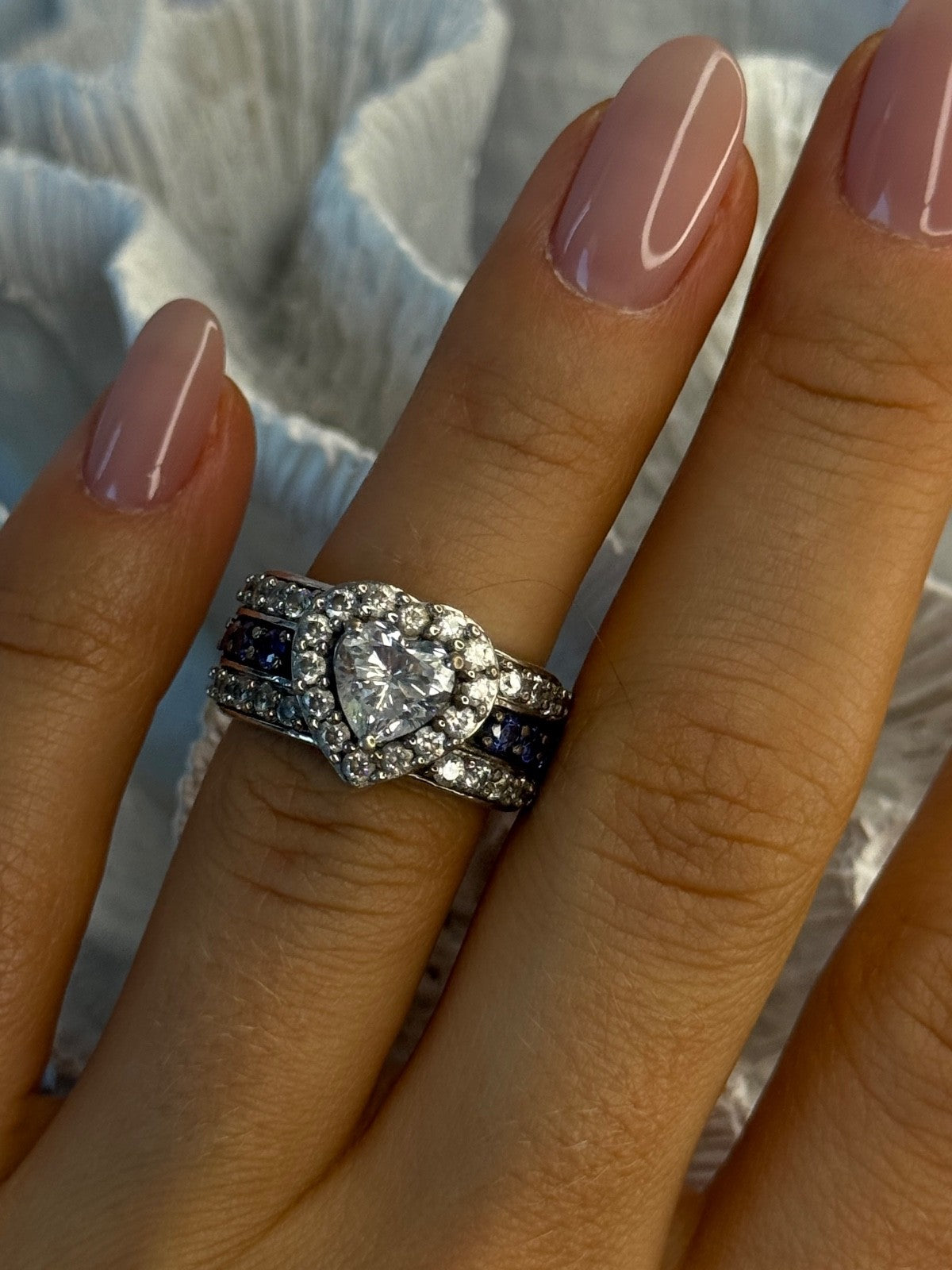 925 Sterling Silver Beryl & Sapphire Heart Ring Size 6
