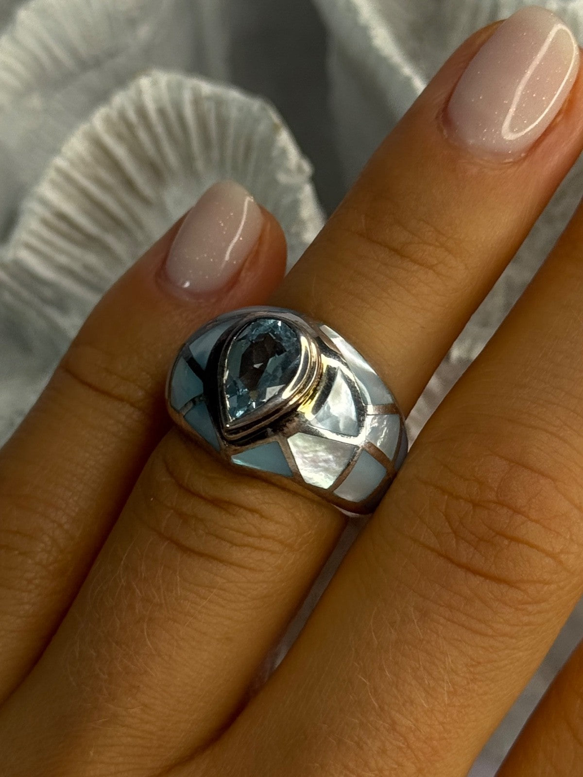 925 Sterling Silver Beautiful Blue Abalone & Topaz Ring Size 6