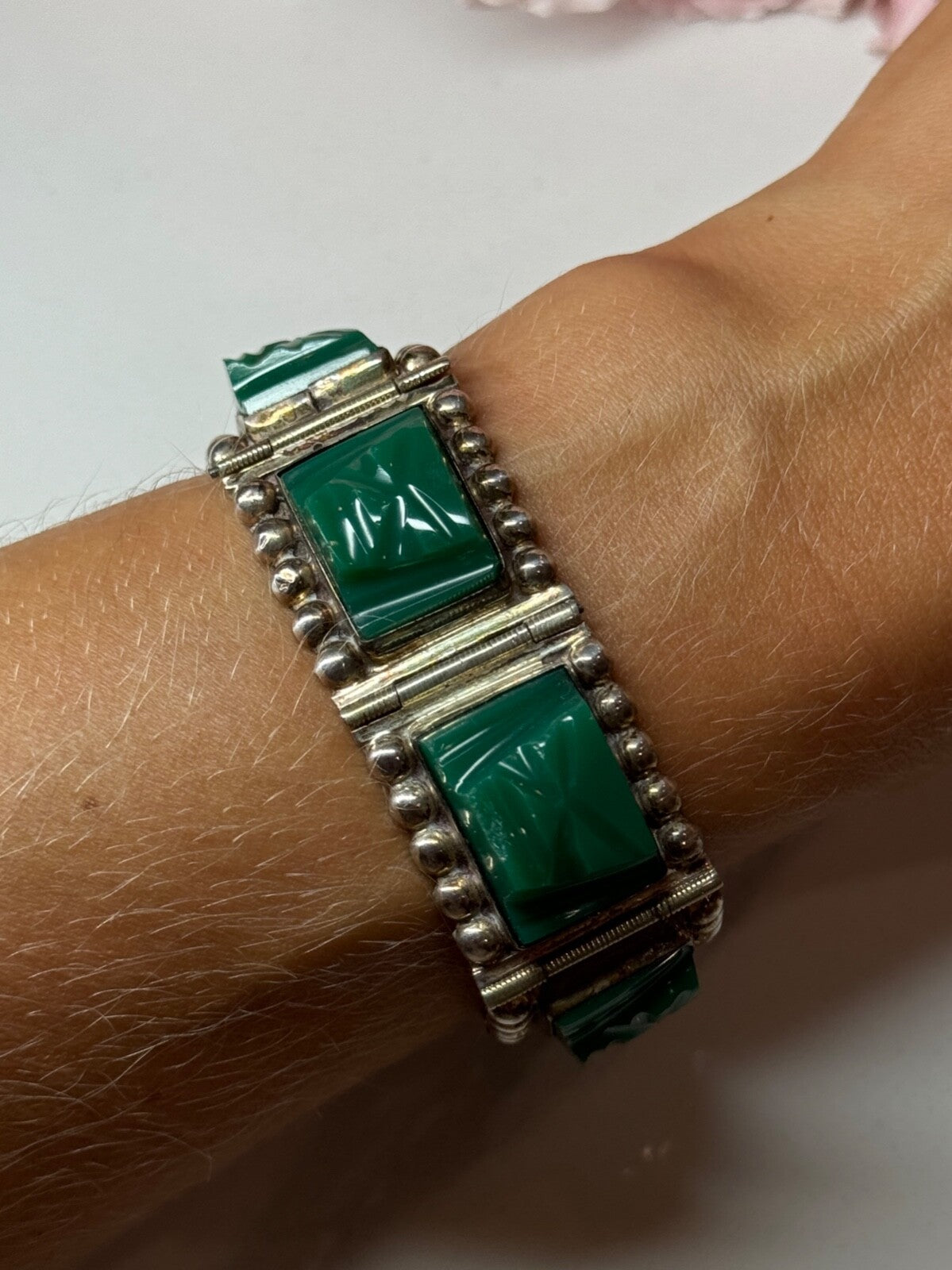 Vintage 925 Sterling Silver Green Jade Bracelet Length 7 in