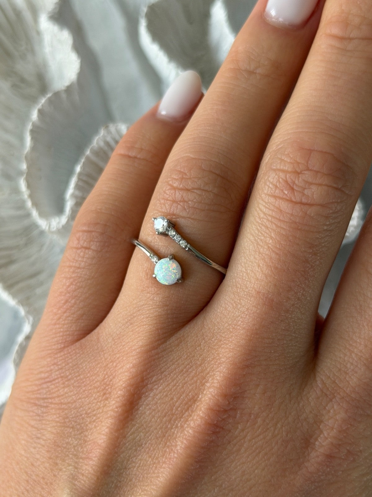 Adjustable 925 Sterling Silver Opal & Beryl Ring