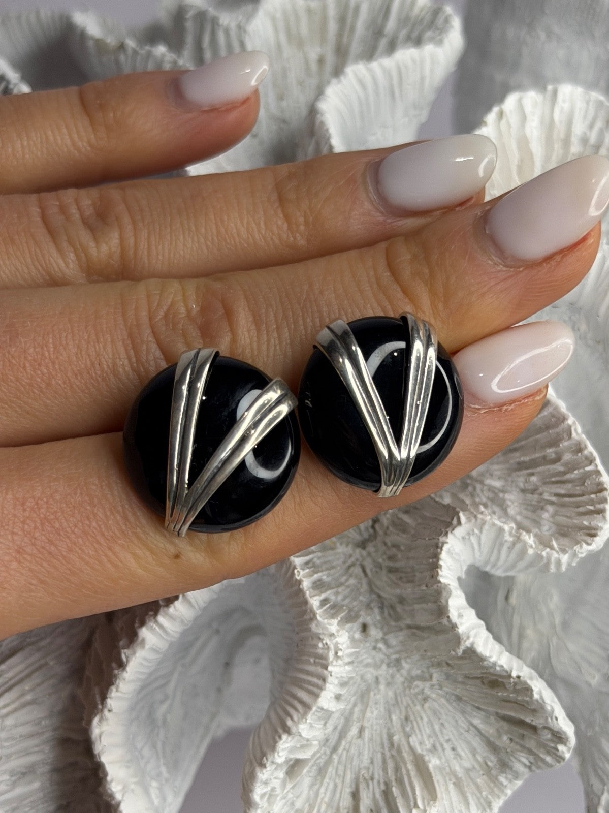 Vintage 925 Sterling Silver Black Onyx Earrings