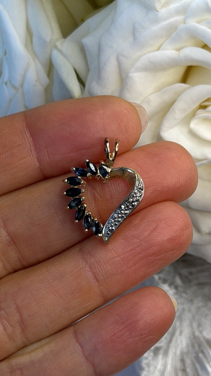 925 Sterling Silver Gold Plated Heart Blue Sapphire & Diamond Pendant