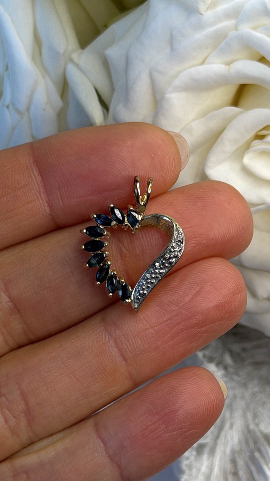 925 Sterling Silver Gold Plated Heart Blue Sapphire & Diamond Pendant