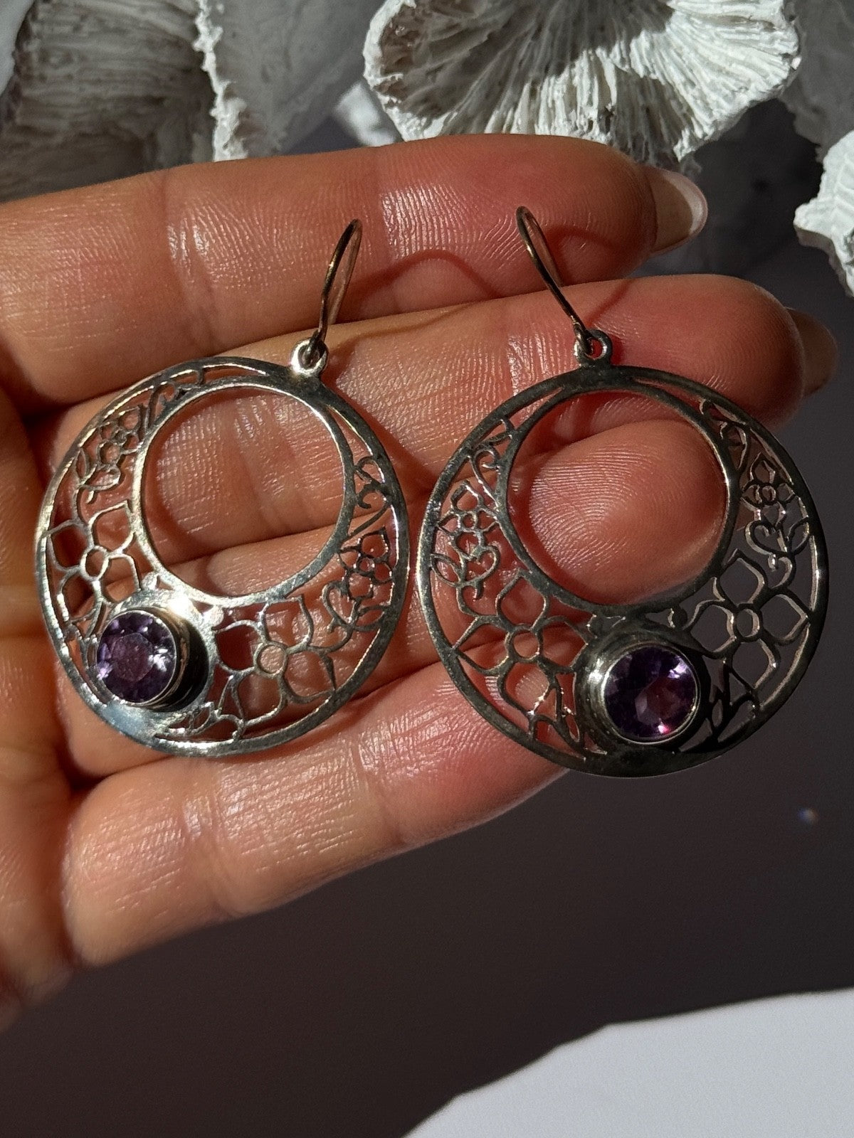 925 Sterling Silver Amethyst Earrings Length 2.10 Inch