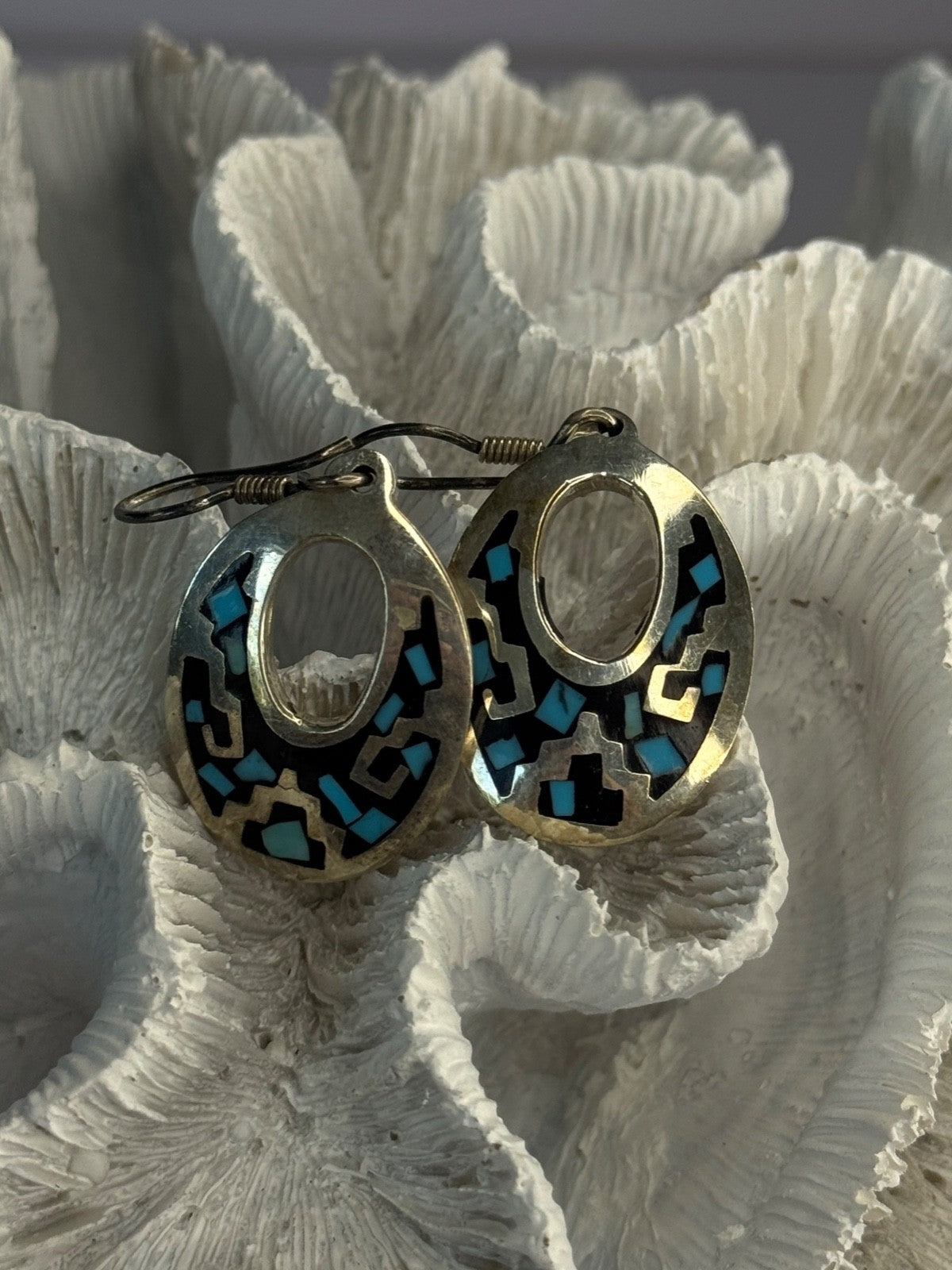 Vintage 925 Sterling Silver Onyx & Turquoise Earrings Length 1.90 Inch