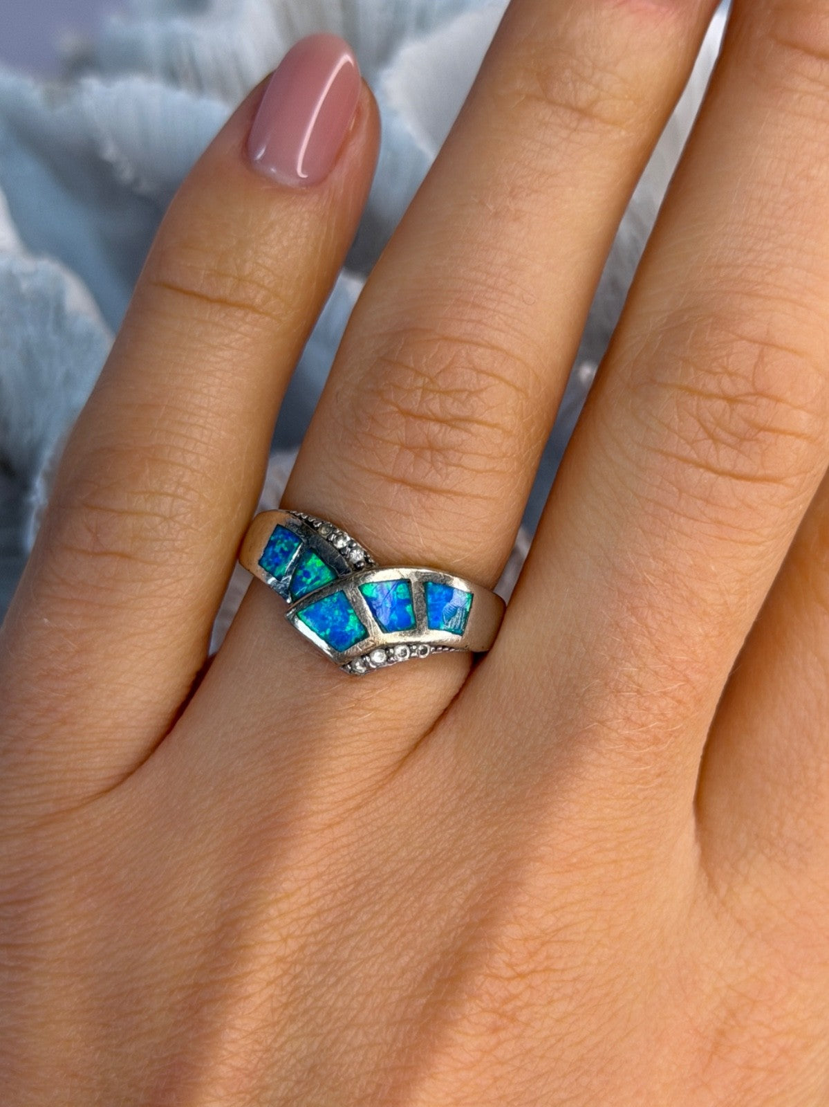 925 Sterling Silver Opal & Beryl Ring Size 7