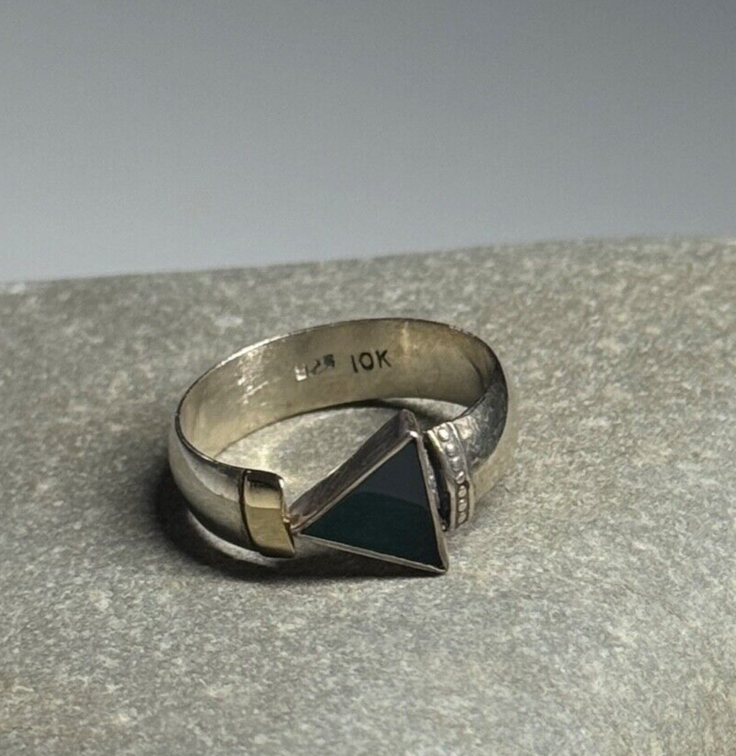 925 Sterling Silver & 10k Yellow Gold Onyx Ring Size 6