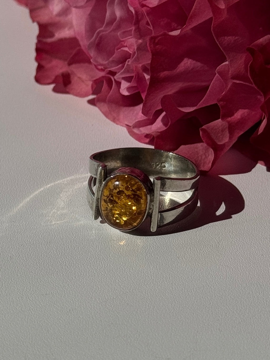 925 Sterling Silver Amber Ring Size 9.5