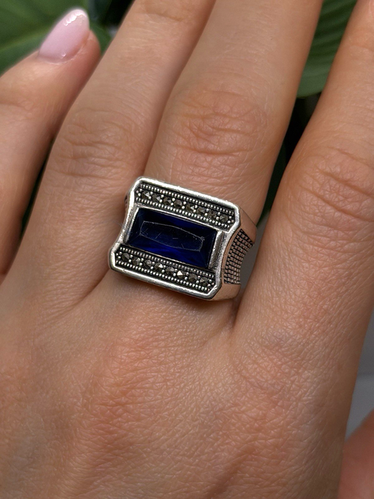 HarlemBling 925 Sterling Silver Sapphire & Marcasite Ring Size 8