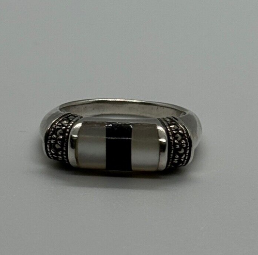925 Sterling Silver Abalone, Enamel & Marcasite Ring Size 7