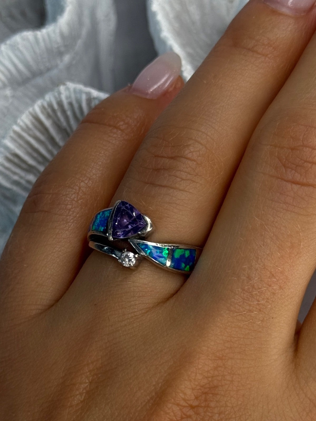 925 Sterling Silver Amethyst & Beryl & Opal Ring Size 7