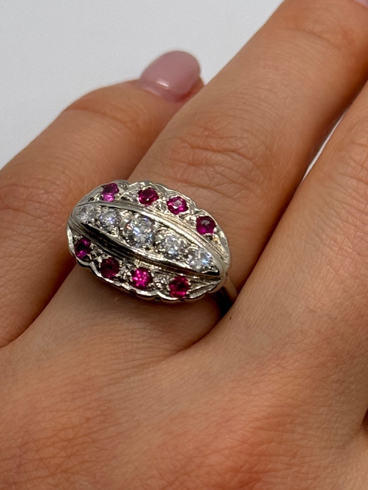 14K White Gold White & Pink Topaz Ring Size 5.5