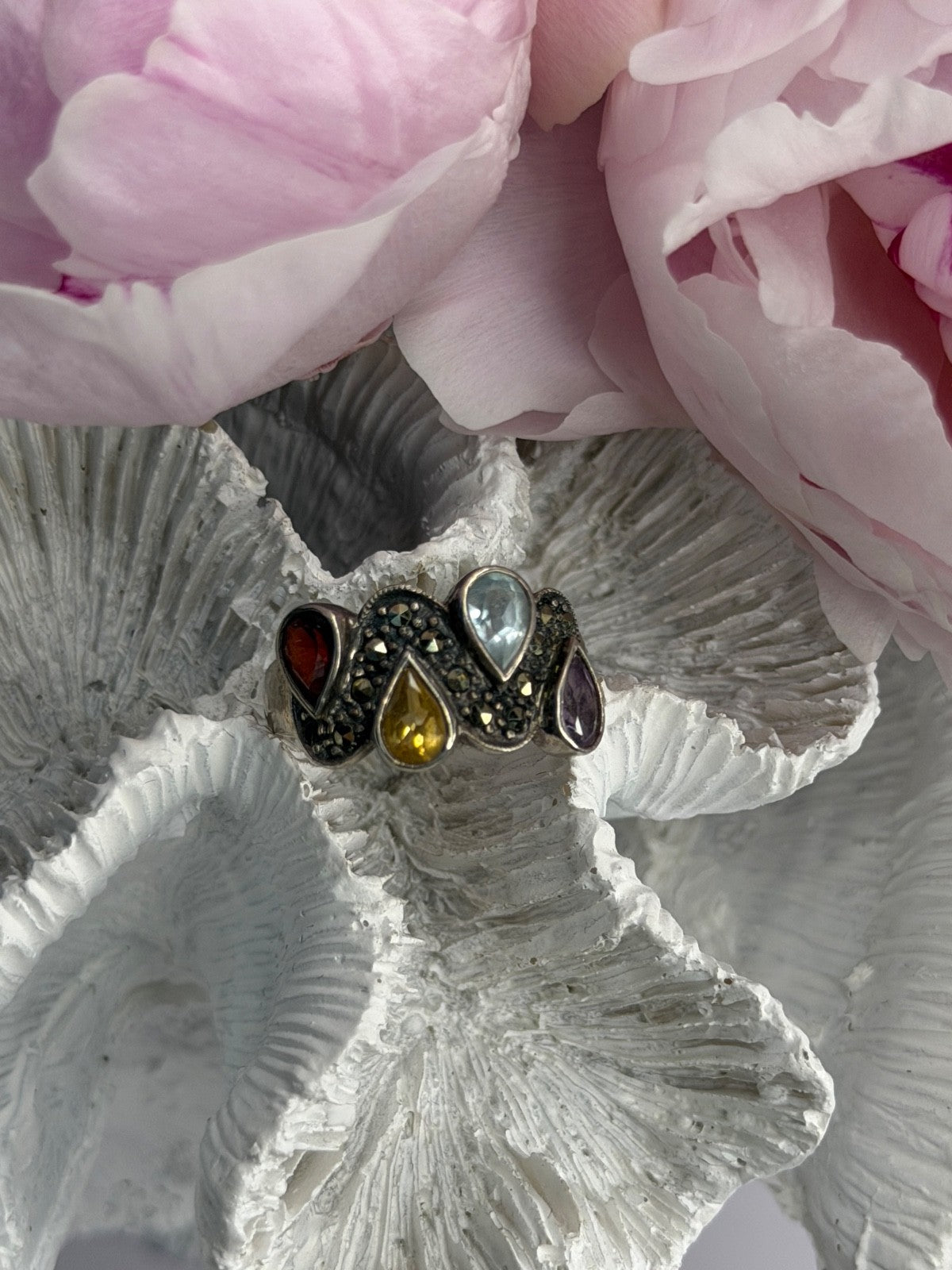 925 Sterling Silver Amethyst Topaz Citrine Garnet Ring Size 9