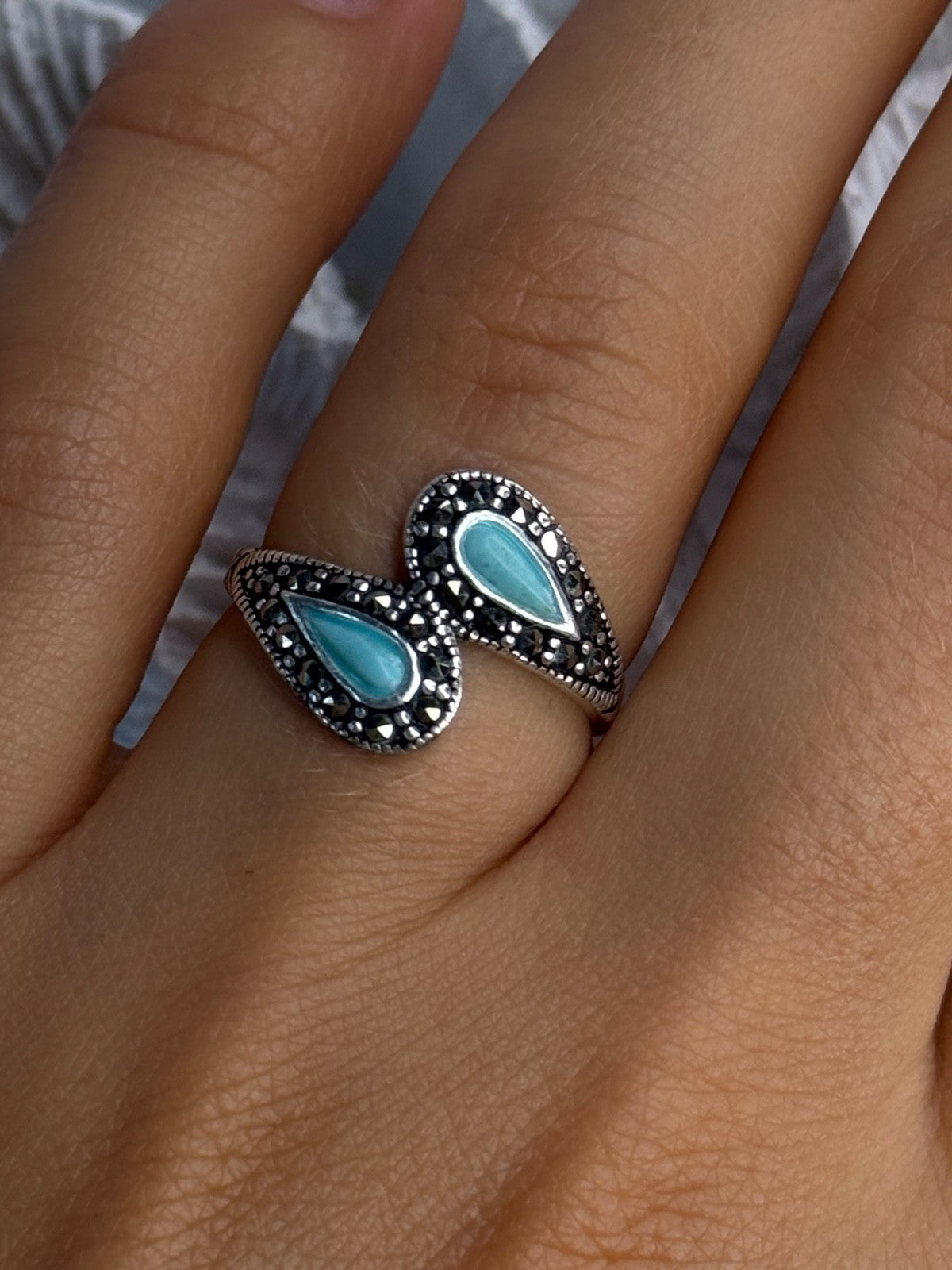 925 Sterling Silver Turquoise & Marcasite Ring Size 7