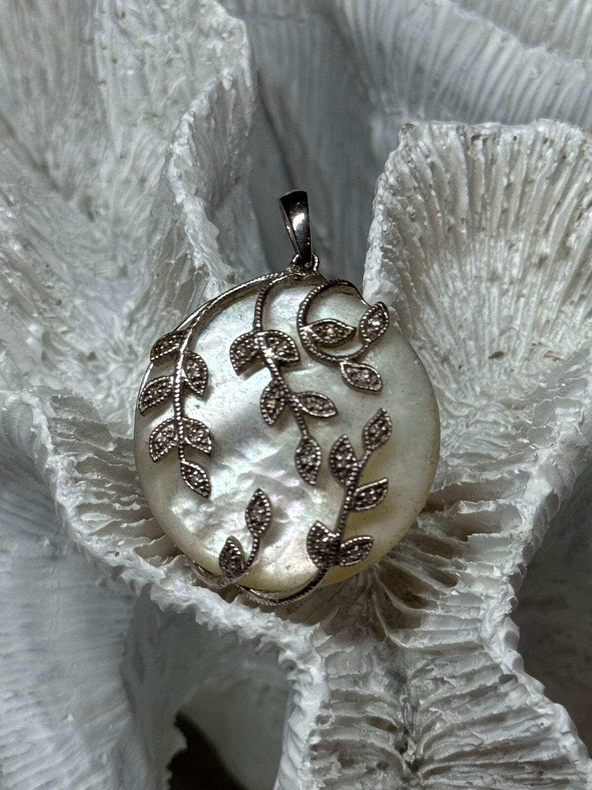 925 Sterling Silver Abalone & Marcasite Pendant Length 1.4 In