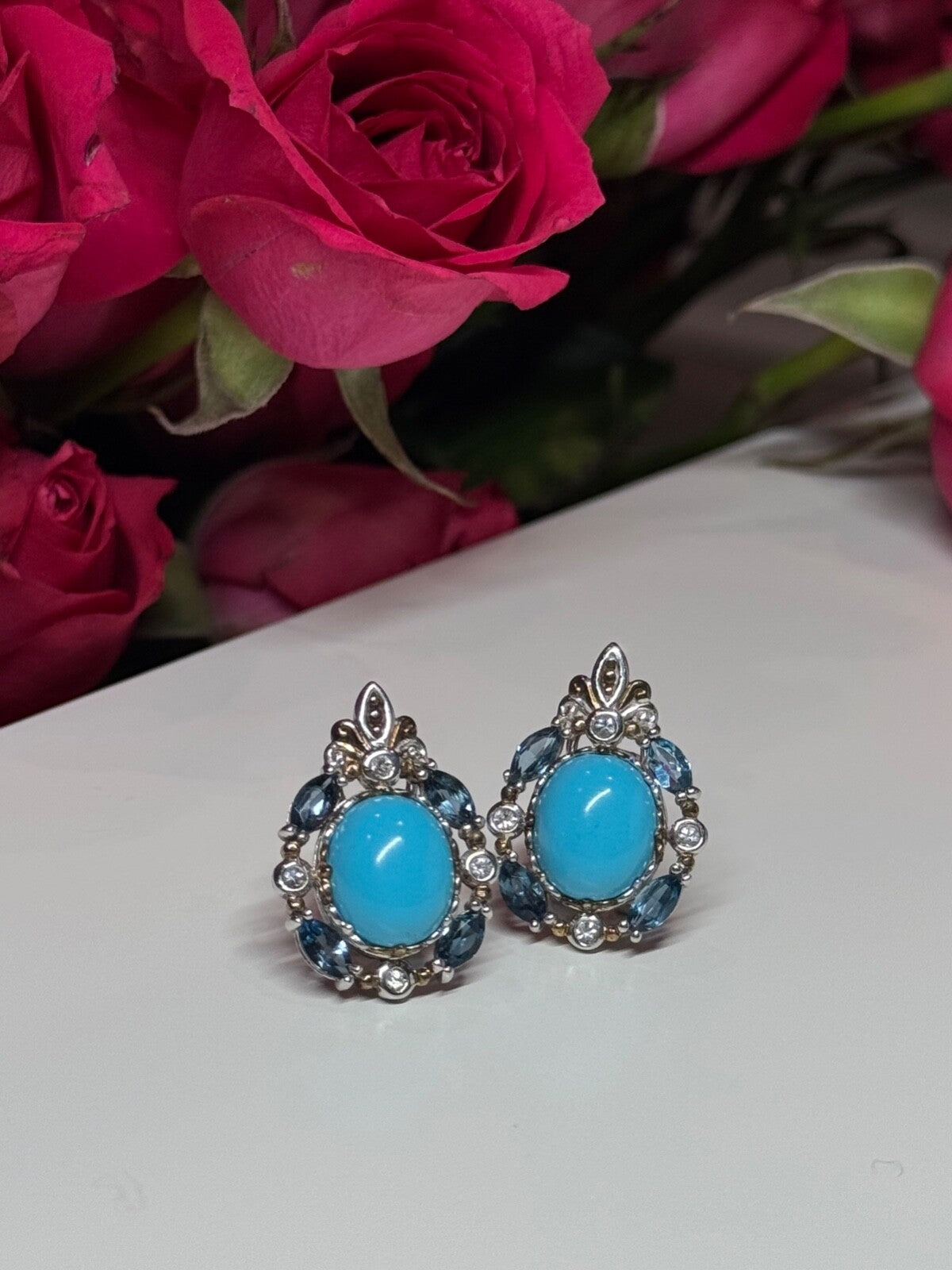 925 Sterling Silver Turquoise, Aquamarine & Beryl Earrings Length 1 Inch