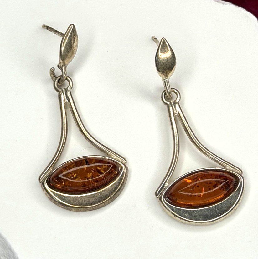 925 Sterling Silver Amber Drop Earrings