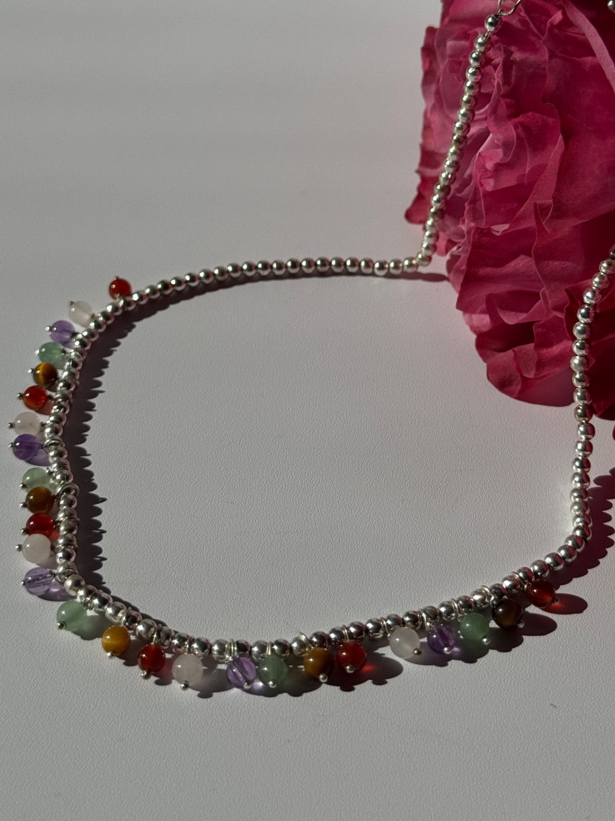 925 Sterling Silver Multi Color Agate Necklace Length 15/18 Inch