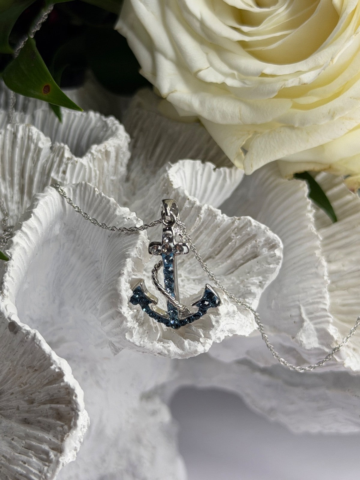 925 Sterling Silver Anchor Cz Necklace Length 19 in