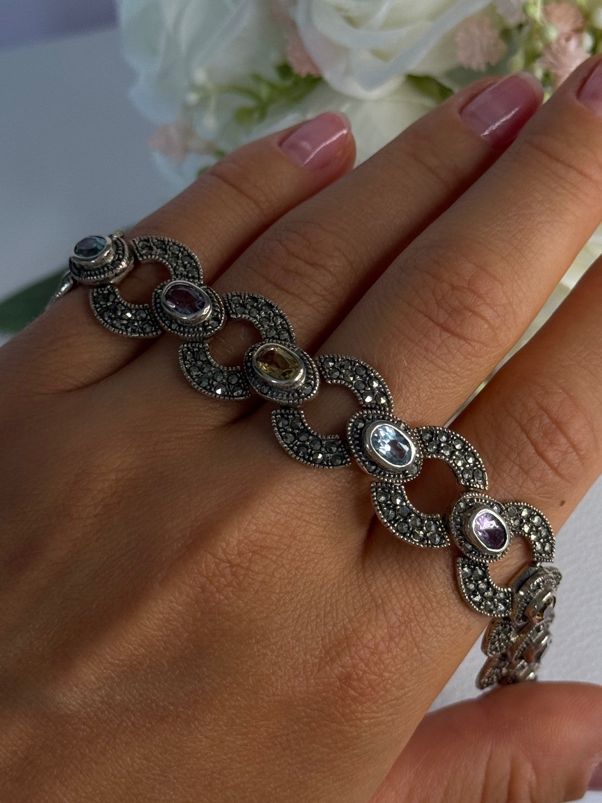 925 Sterling Silver Amethyst Citrine Topaz Marcasite Bracelet Length 7.5 Inch
