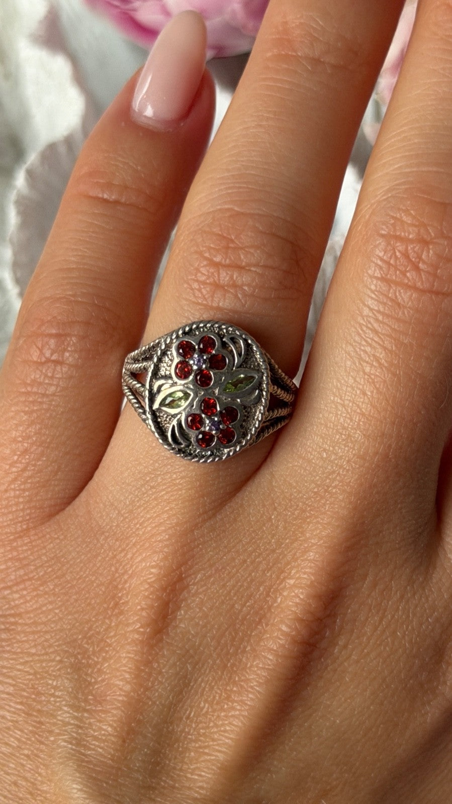 925 Sterling Silver Garnet Amethyst Peridot Ring Size 7