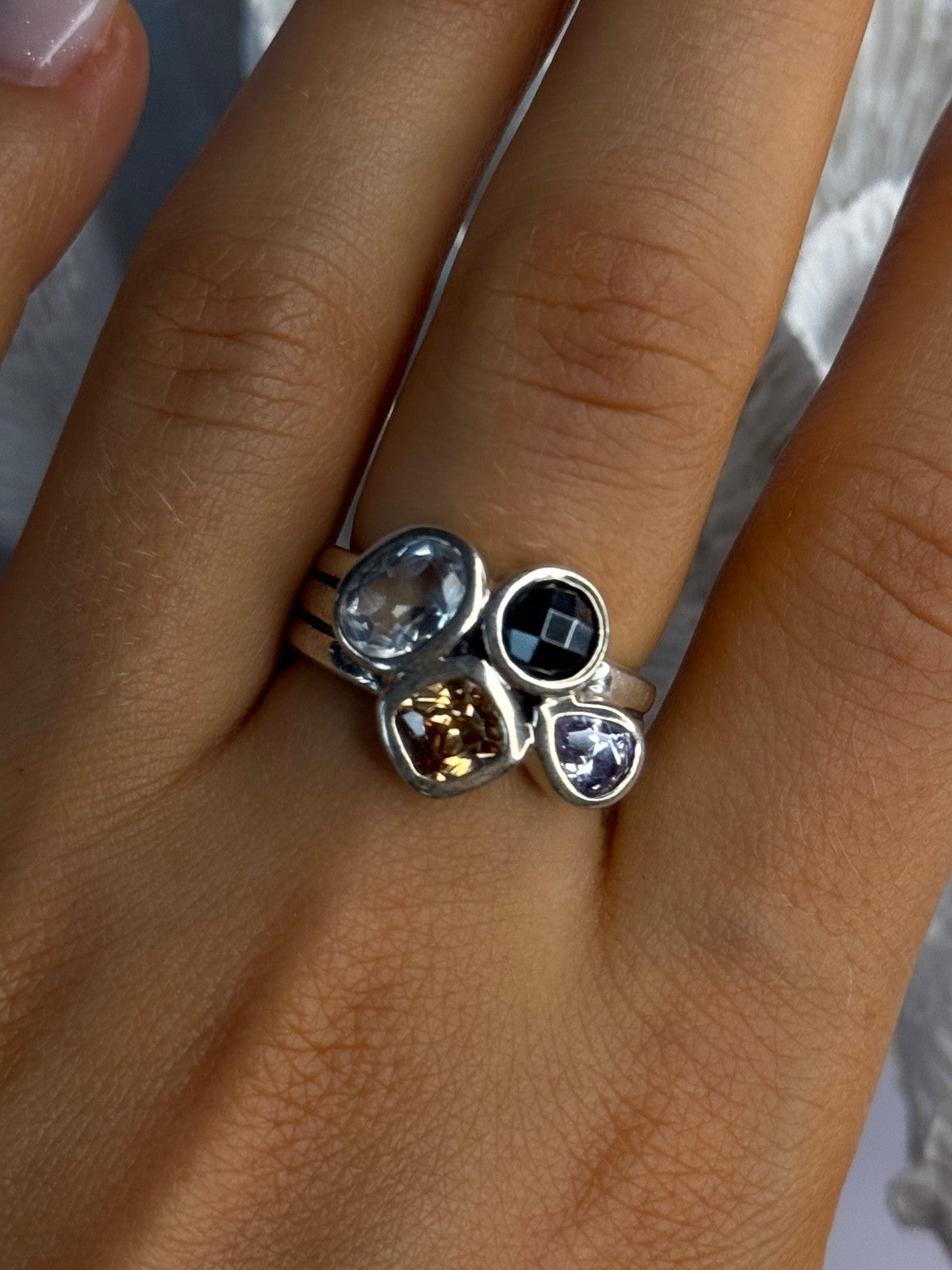 925 Sterling Silver Multi Color Tourmaline Ring Size 8