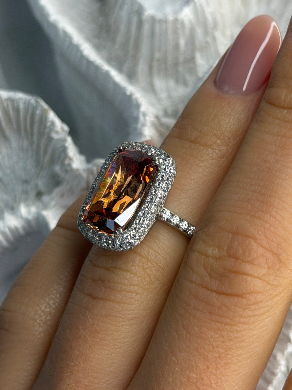 925 Sterling Silver Orange Crystal & Cz Ring Size 5