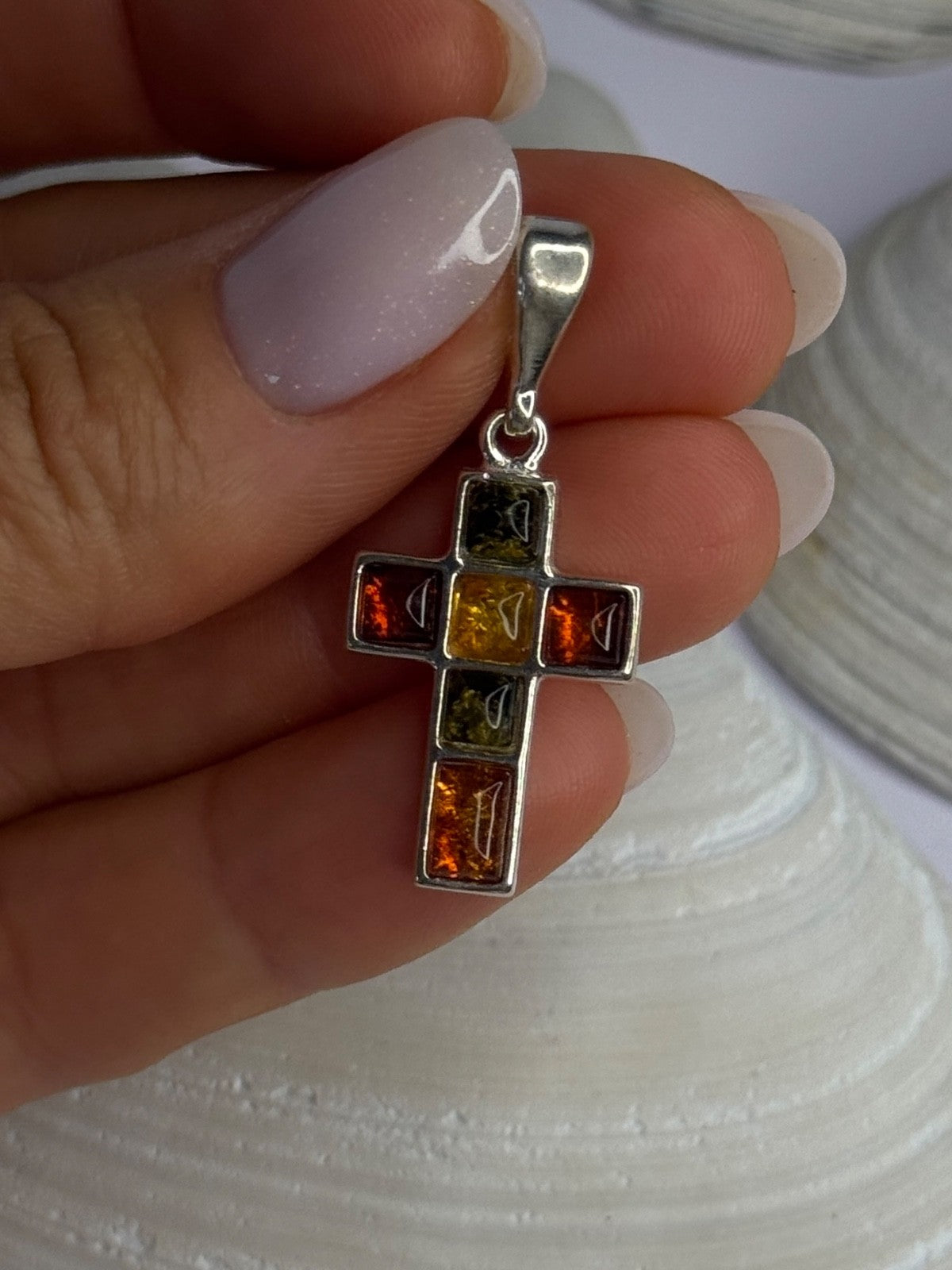 925 Sterling Silver Amber Cross Pendant Length 1.50 Inch