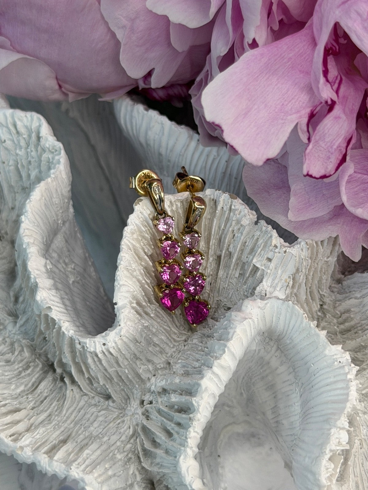 10K Yellow Gold Pink Sapphire & Diamond "Hearts" Earrings