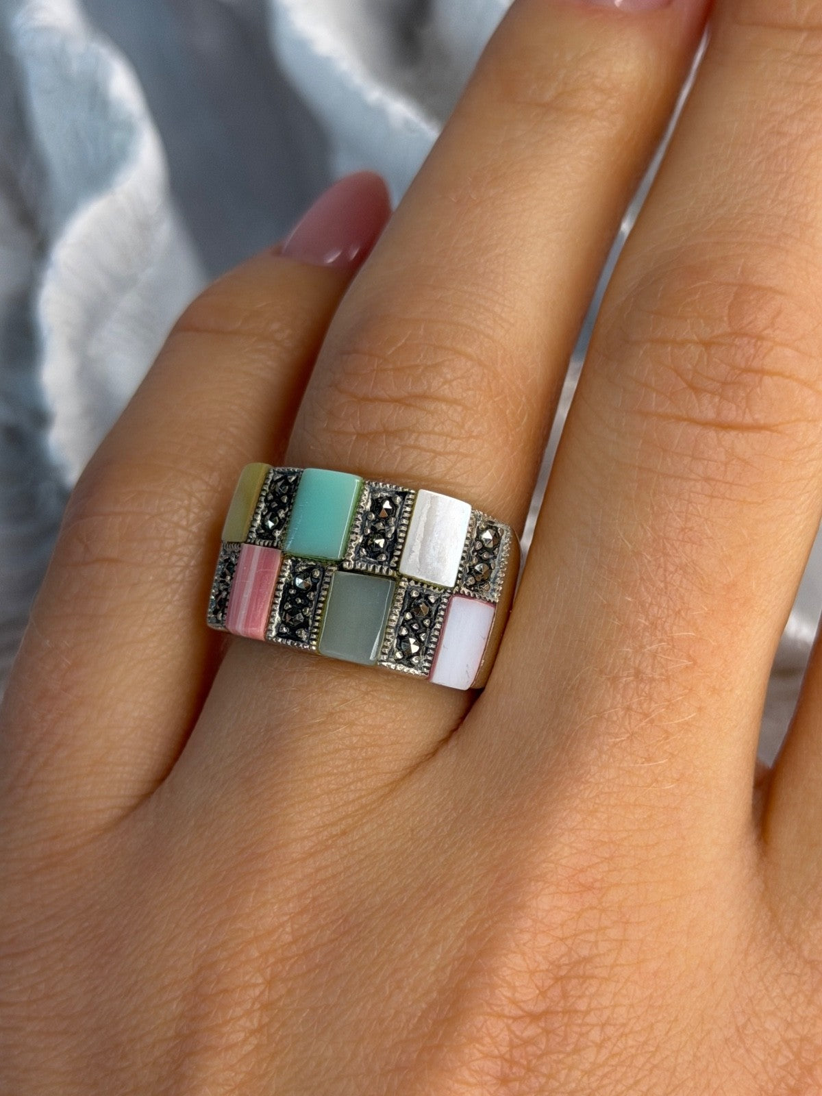 925 Sterling Silver Abalone & Agate & Marcasite Ring Size 6.5