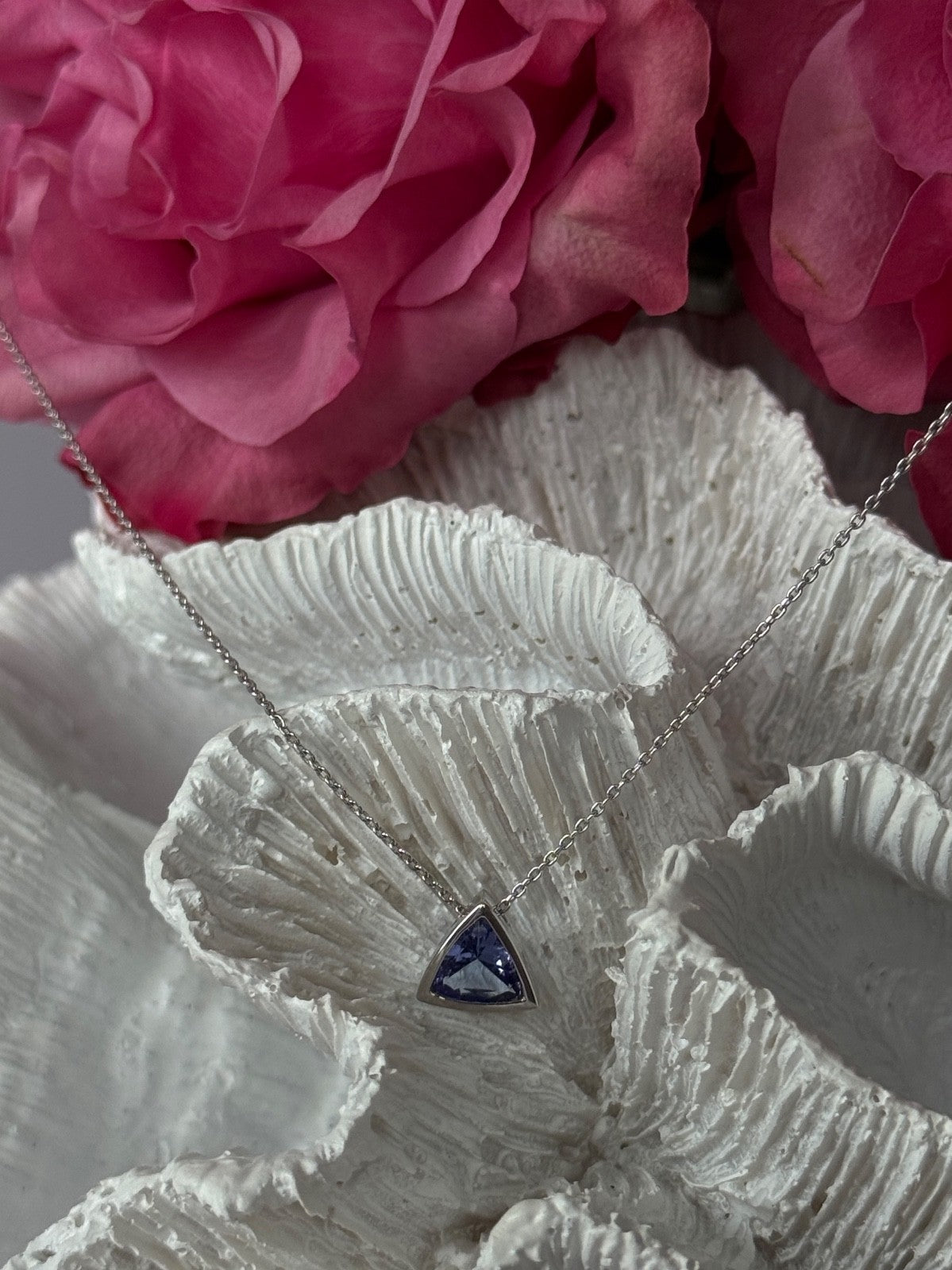 14K White Gold Tanzanite Trillion Necklace Length 18 inch