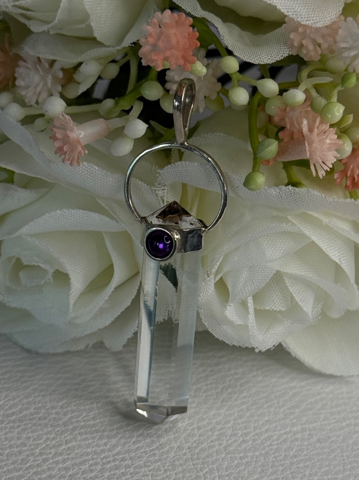 925 Sterling Silver Clear Quartz & Amethyst Pendant Length 2 Inch