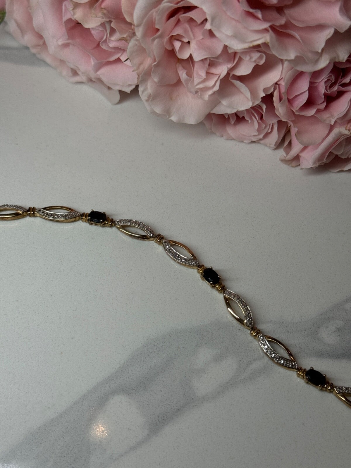 925 Sterling Silver Gold Plated Sapphire Bracelet Length 7.5 in