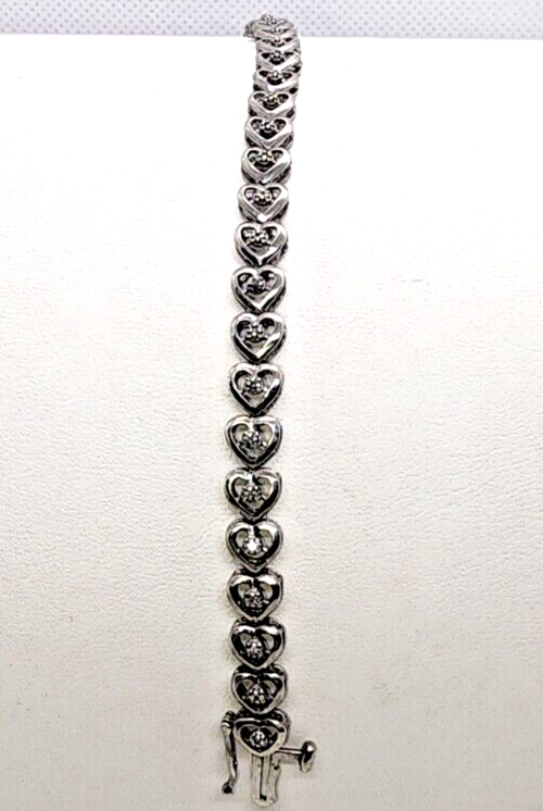 925 Sterling Silver Diamonds "Hearts" Bracelet Size 7.25 IN
