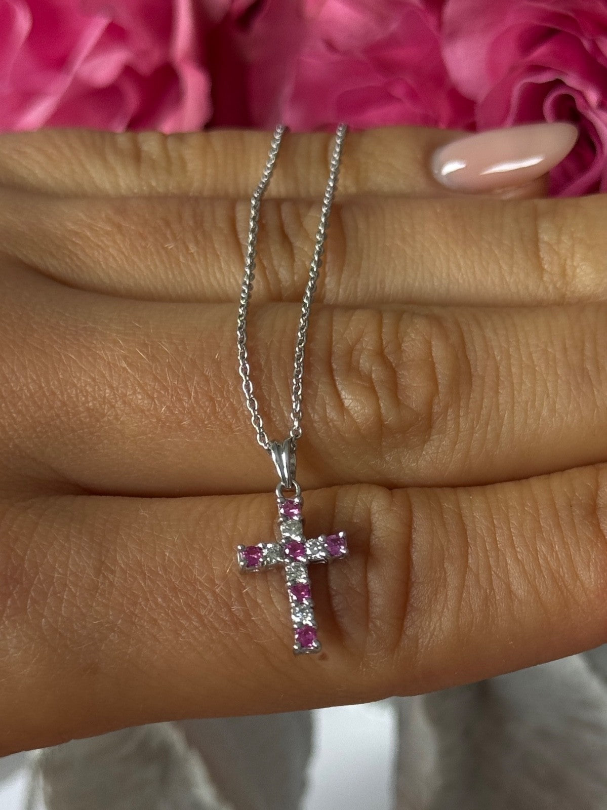 14K White Gold Cross/18K White Gold Chain Pink Sapphire & Diamond Cross Necklace
