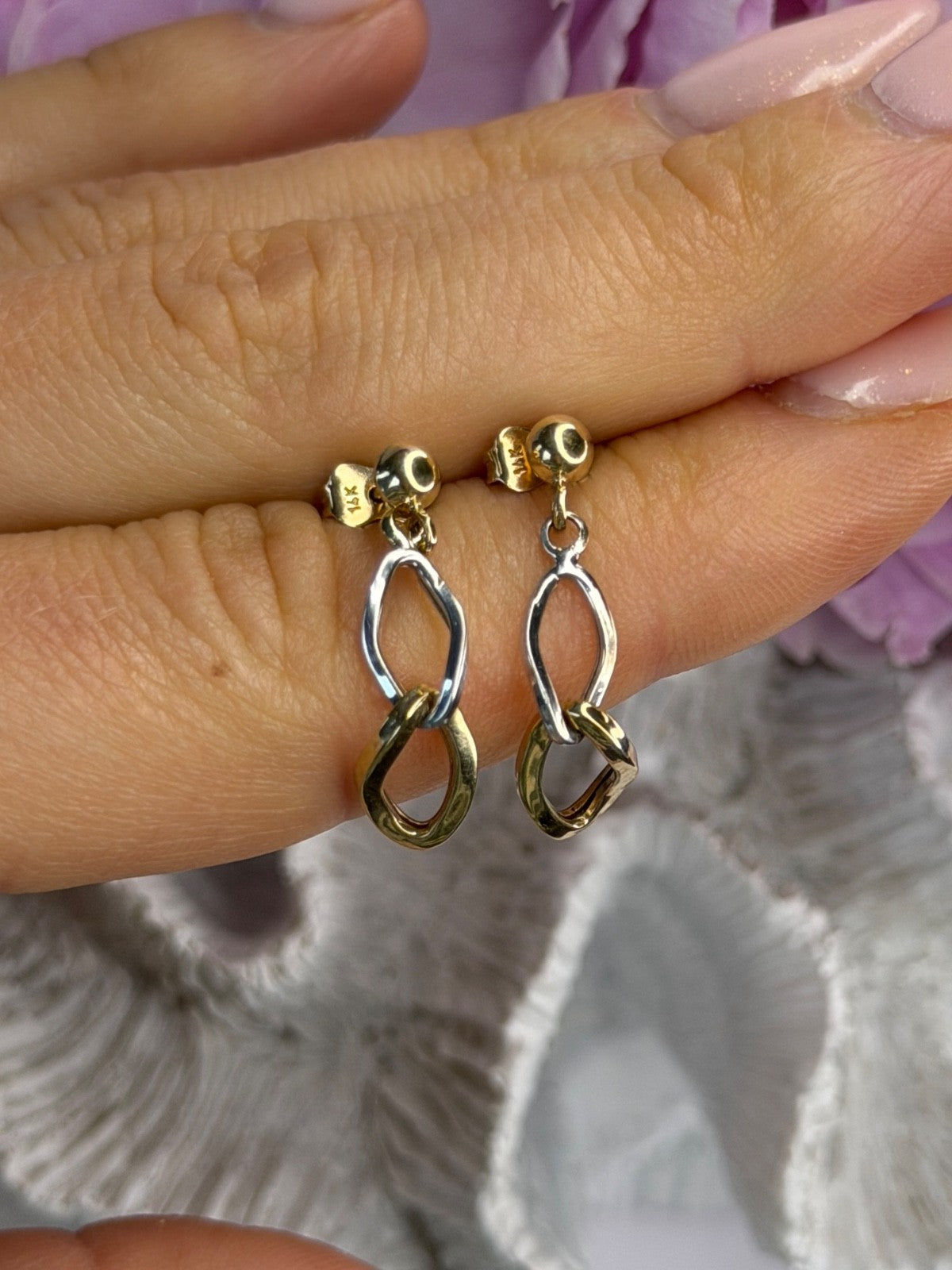 Aesthetic 14K Yellow & White Gold Earrings Length 1 Inch