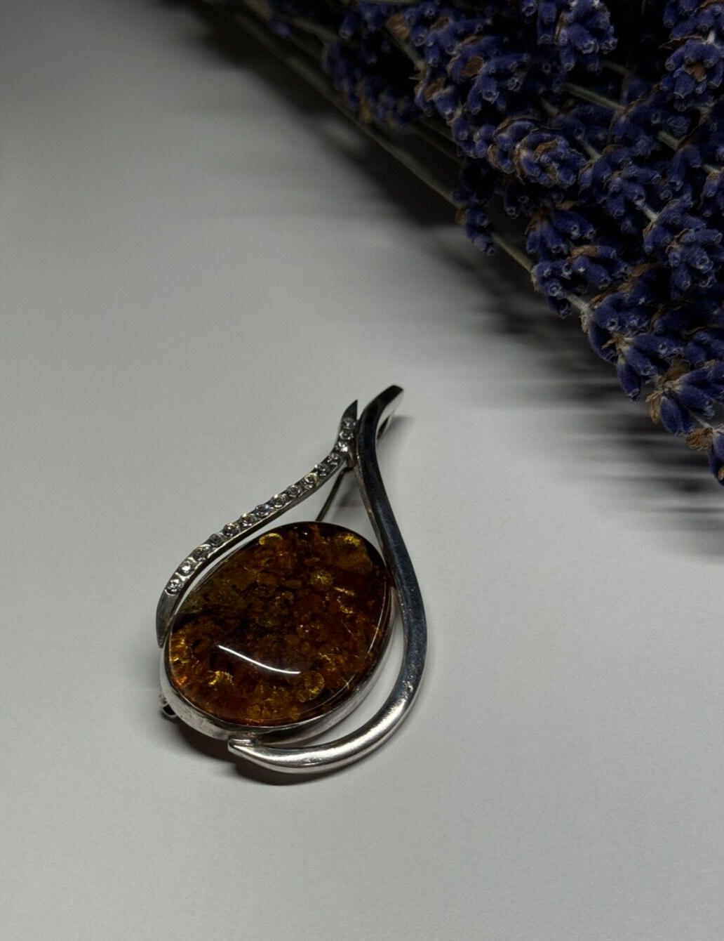 925 Sterling Silver Amber & CZ Brooch