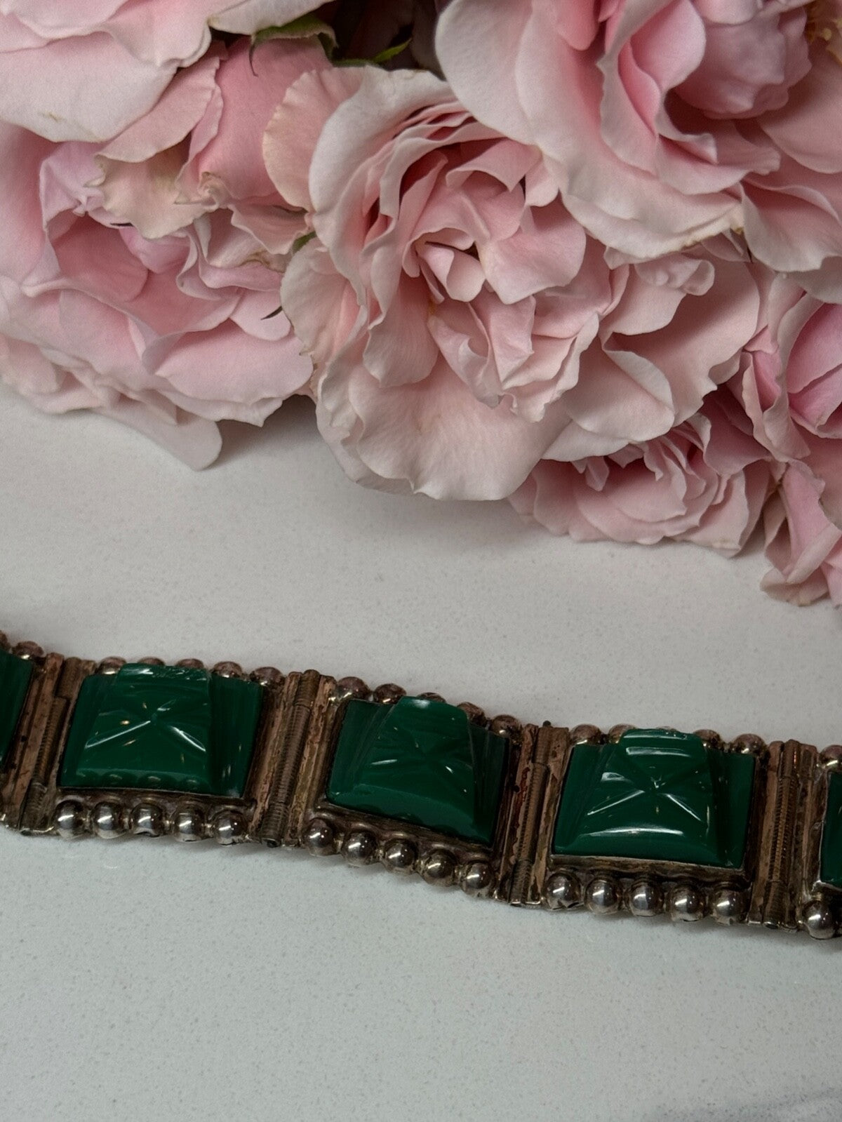 Vintage 925 Sterling Silver Green Jade Bracelet Length 7 in