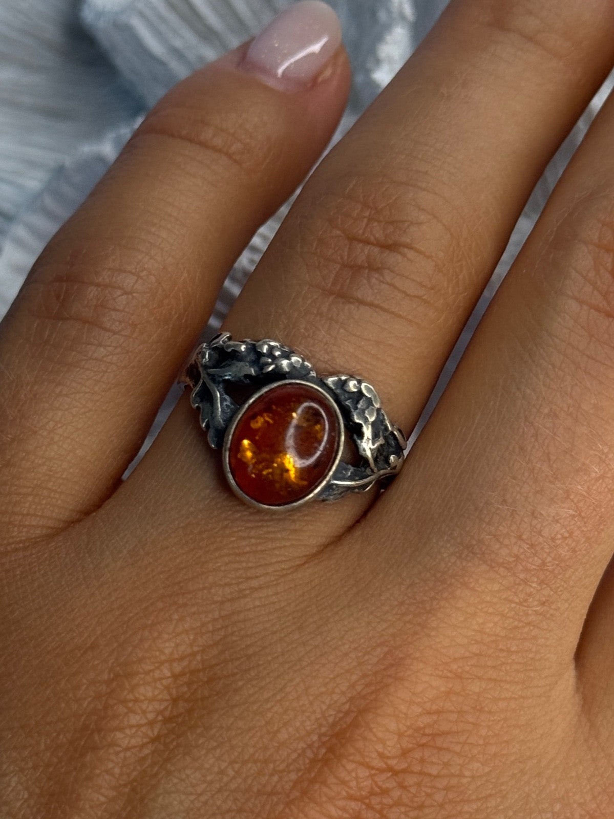 Vintage 925 Sterling Silver Amber Ring Size 8