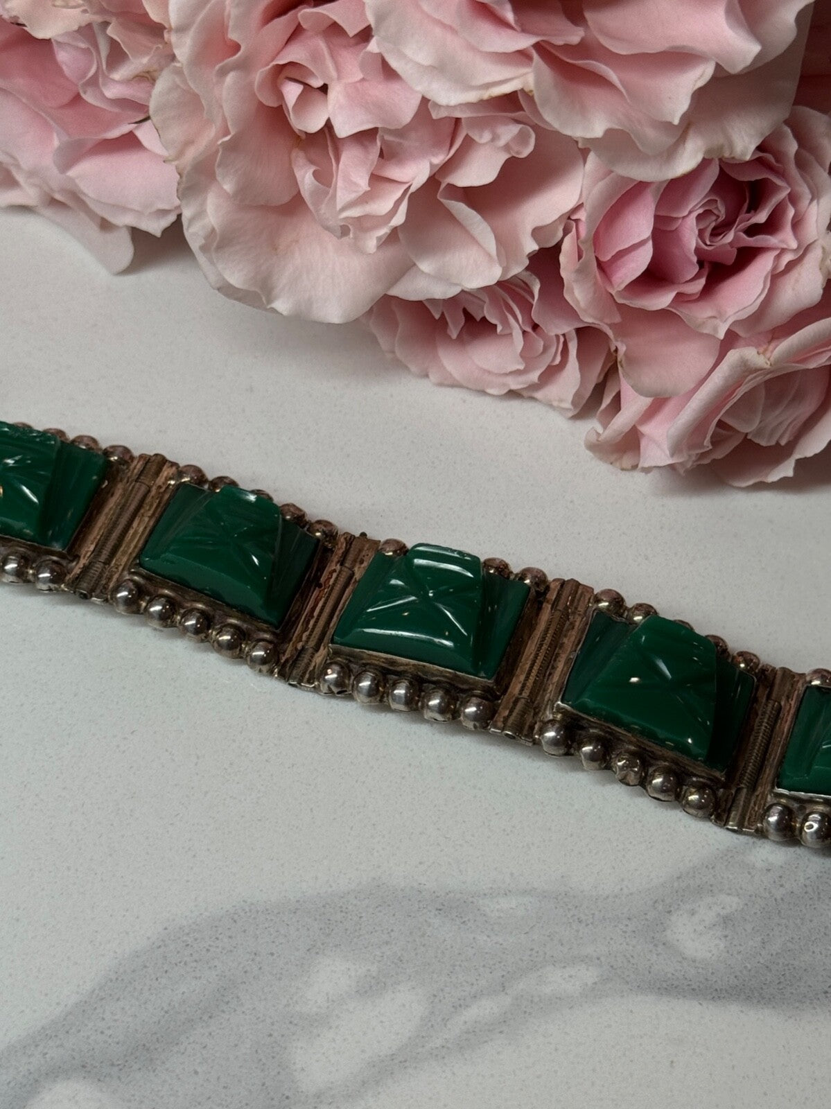 Vintage 925 Sterling Silver Green Jade Bracelet Length 7 in