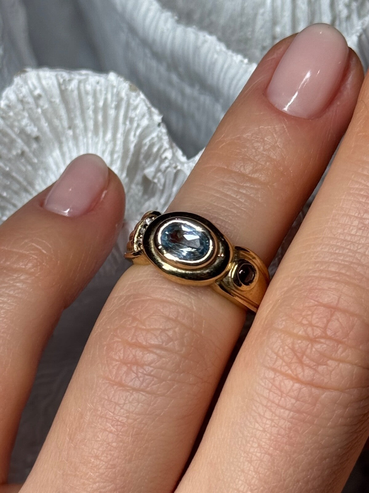 925 Sterling Silver Gold Plated Aquamarine, Garnet & CZ Ring Size 4