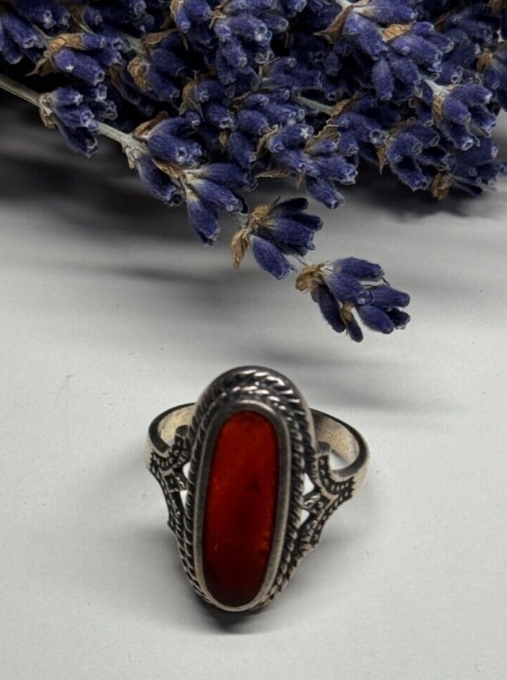 925 Sterling Silver Amber Ring Size 8