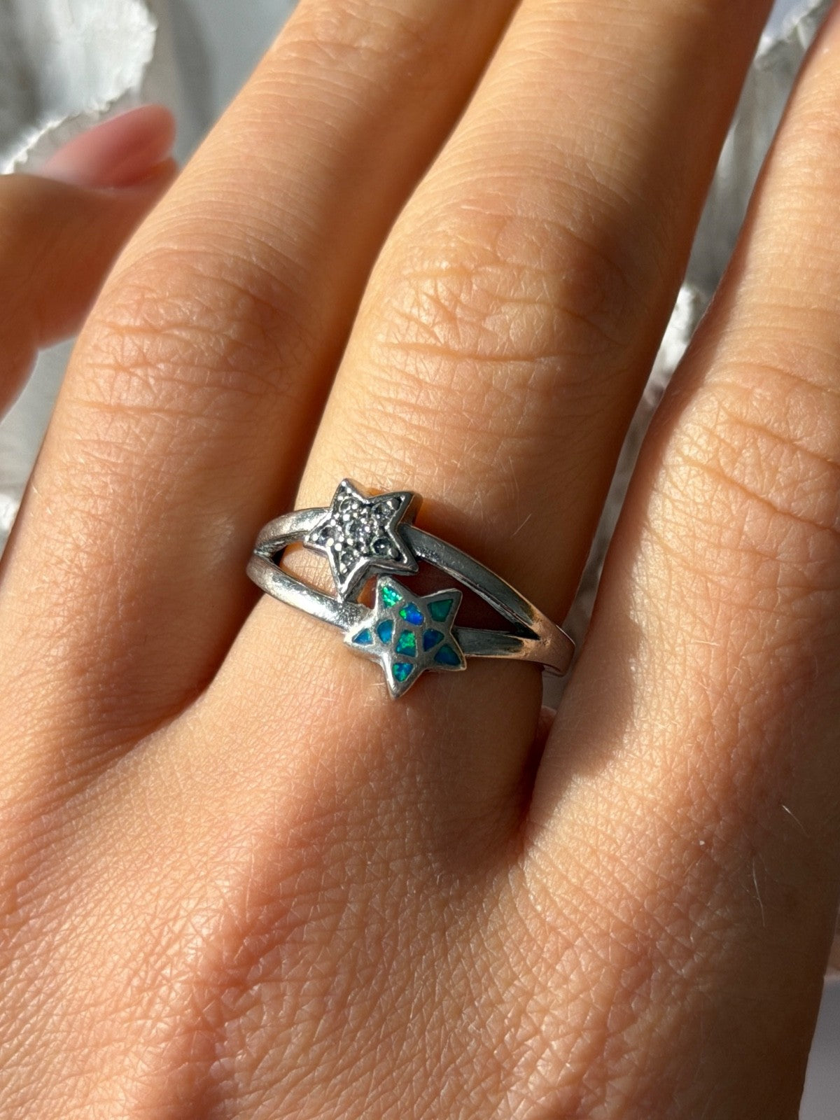 925 Sterling Silver White Topaz & Opal Stars Ring Size 8