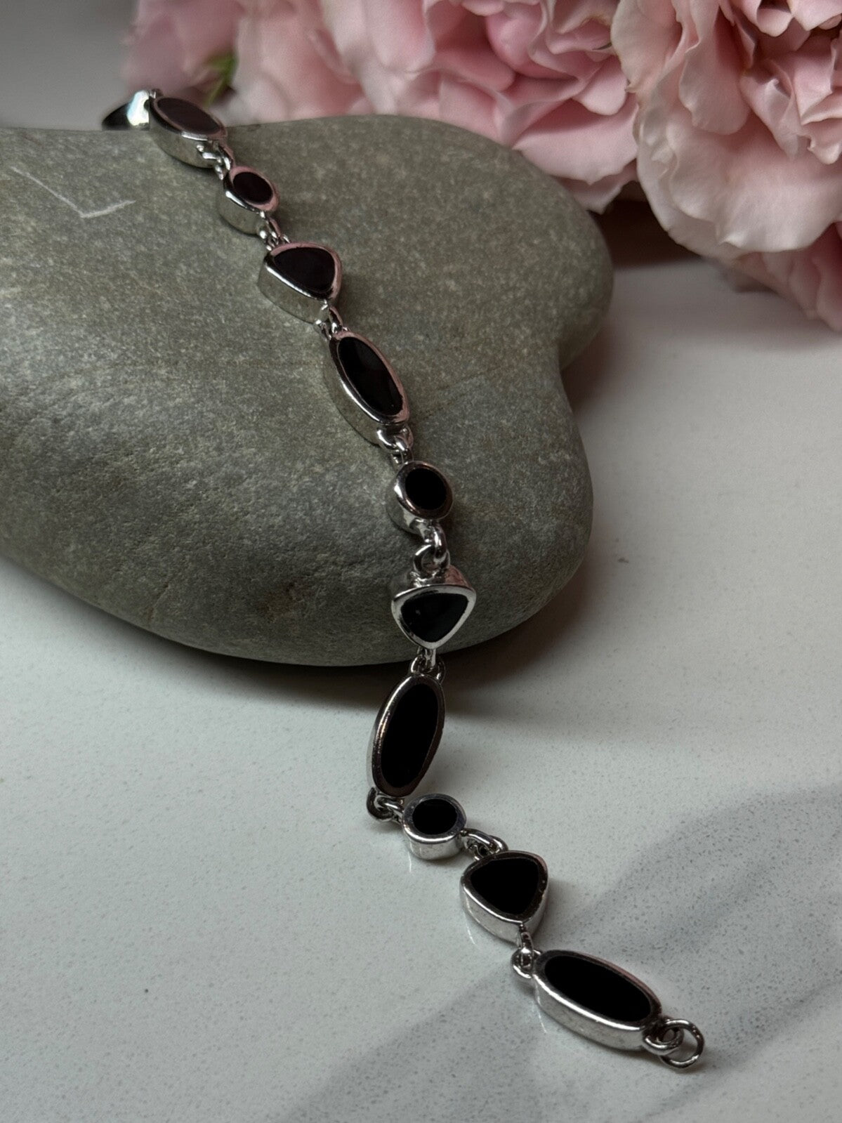 925 Sterling Silver Black Enamel Bracelet Length 7.5 in