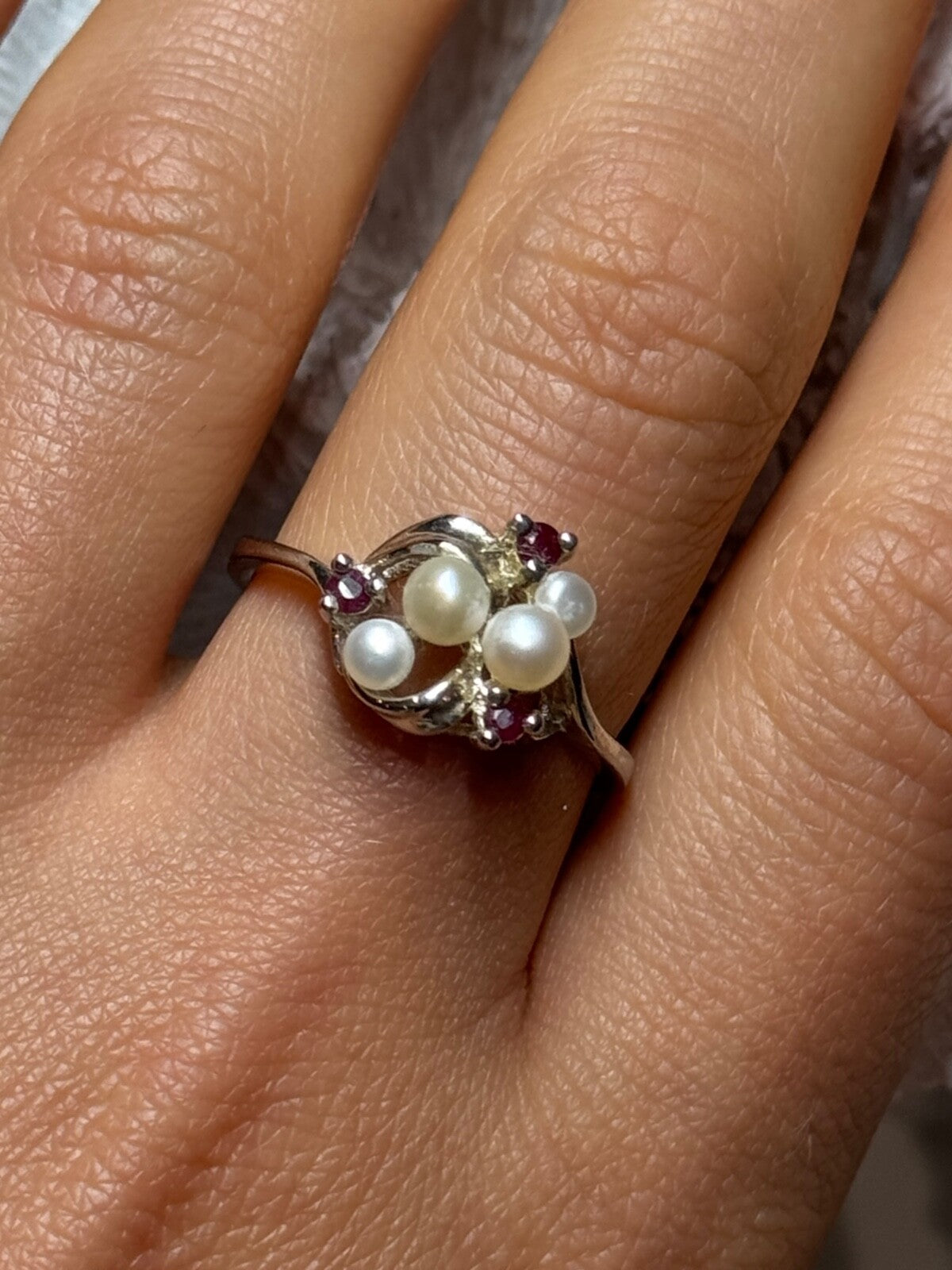 925 Sterling Silver Pearls & Ruby Ring Size 8
