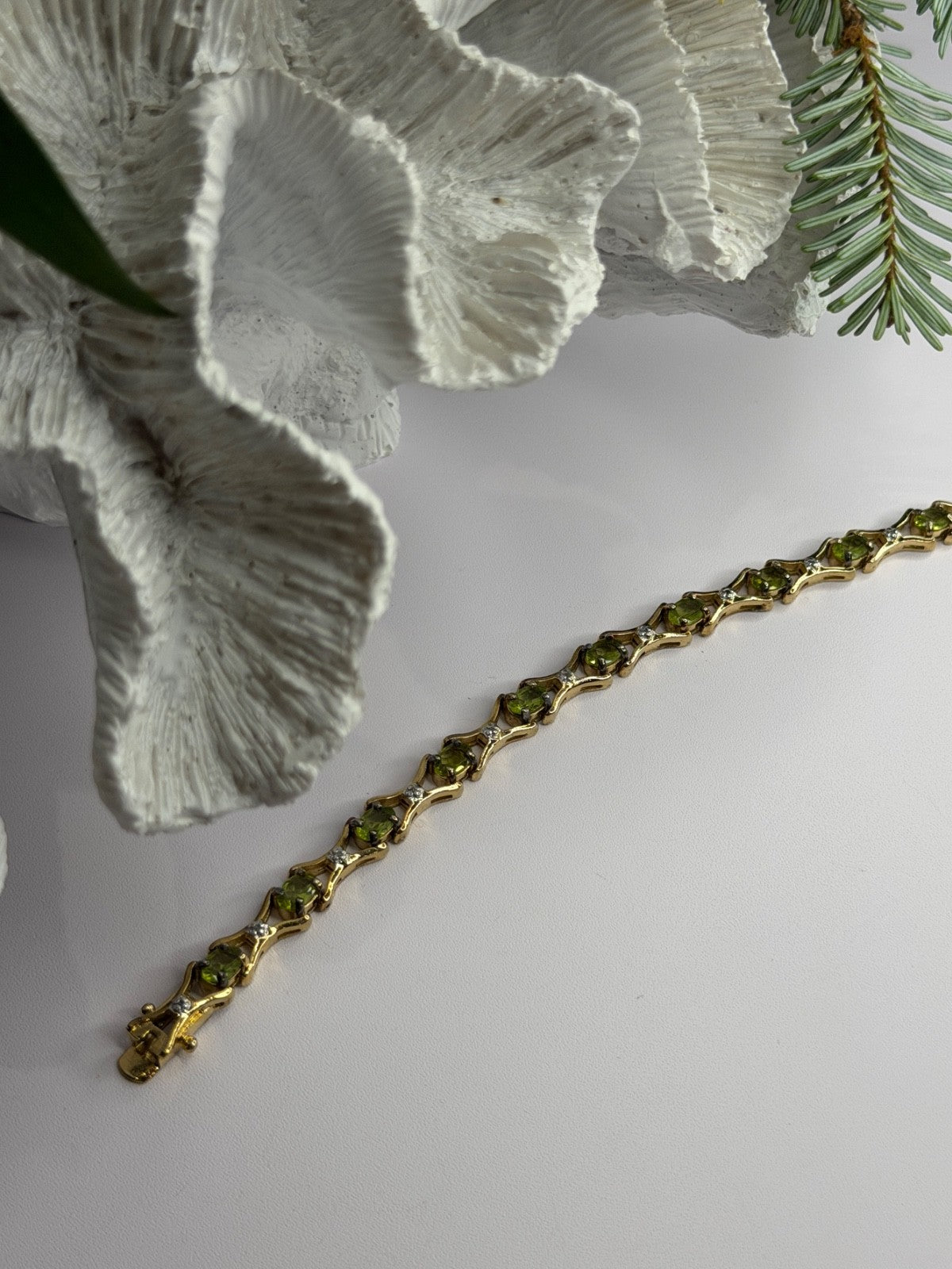 925 Sterling Silver Gold Plated Peridot & Beryl Bracelet Size 7.5