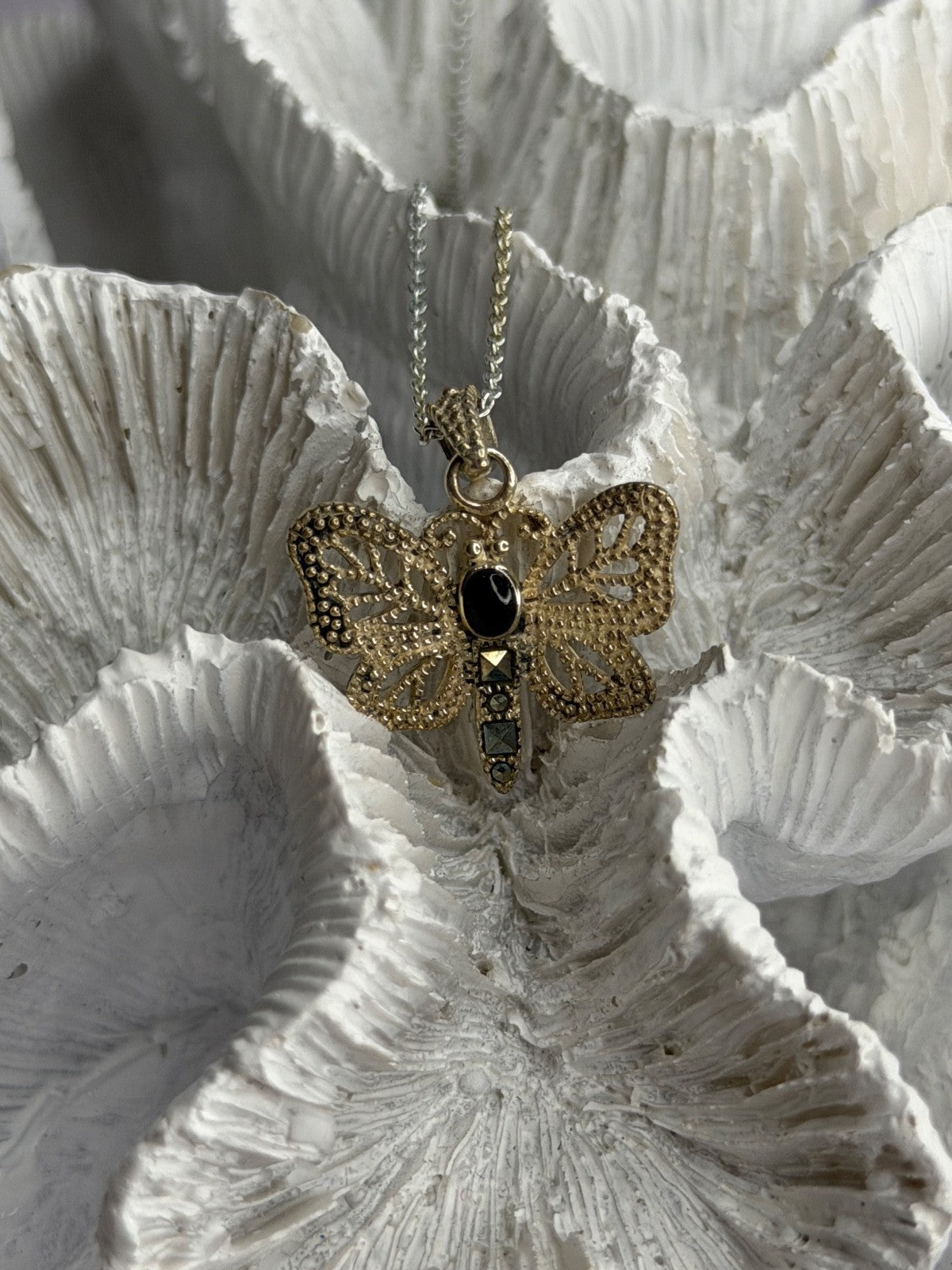 925 Sterling Silver Onyx & Marcasite Butterfly Necklace